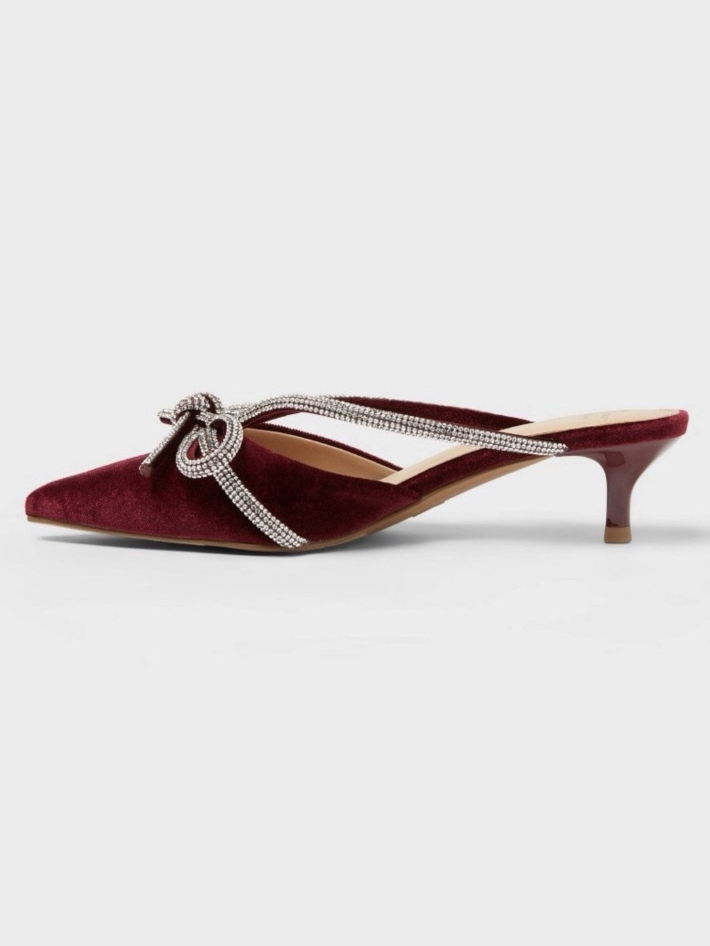 🔥A New Day Women's Burgundy Velvet Rhinestone Bow Pointed Toe Kitten Mule🔥 sz 8